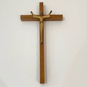 Vtg Cross Crucifix Wood Metal Minimalist Wall Hanging Gold Religious Jesus MCM